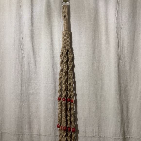 Vintage Macrame Jute Plant Hanger Large Planter Basket 75" BOHO Wood Bead 70s - Picture 2 of 11